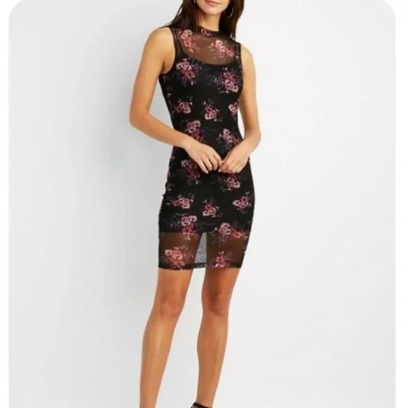 Charlotte Russe Black Mesh Midi Dress with Pink Floral Print - Picture 1 of 8